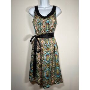 LulaKate Paisley Silk Dress Multicolor Satin Trim Belted Cocktail Boho Size 10